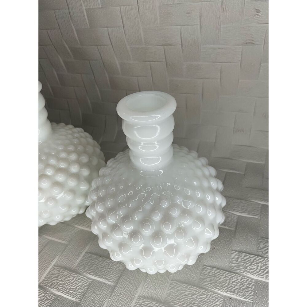 Milk Glass Hobnail Round Ribbed 5" Bud Set of 2 Vases Barber’s Perfume Bottle - Picture 11 of 12